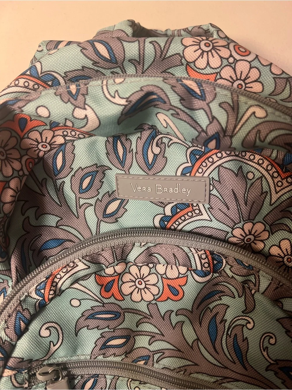 Vera Bradley Aqua Paisley Floral Backpack with Gray Accents